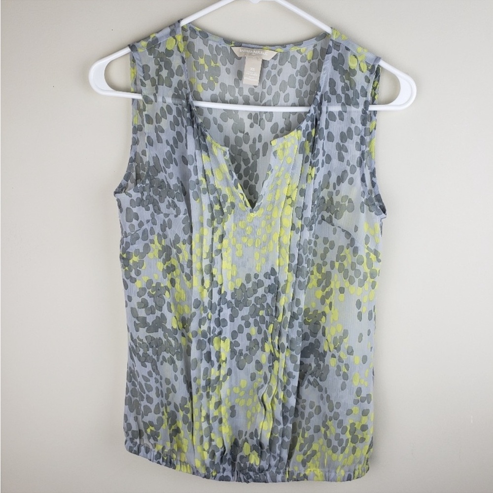 Banana Republic Abstract Polka Dots Top Pleated Semi Sheer Gray and Yellow XS